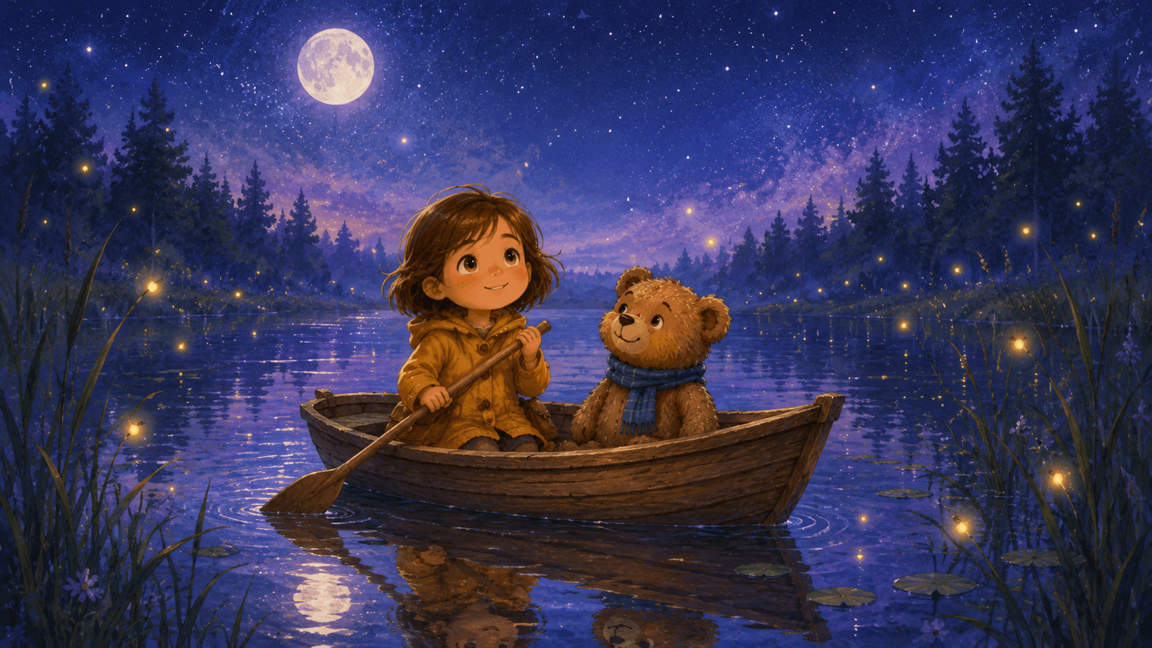 A young storyteller and her bear companion moving through a richly illustrated world from a sunlit village to a moonlit lake.