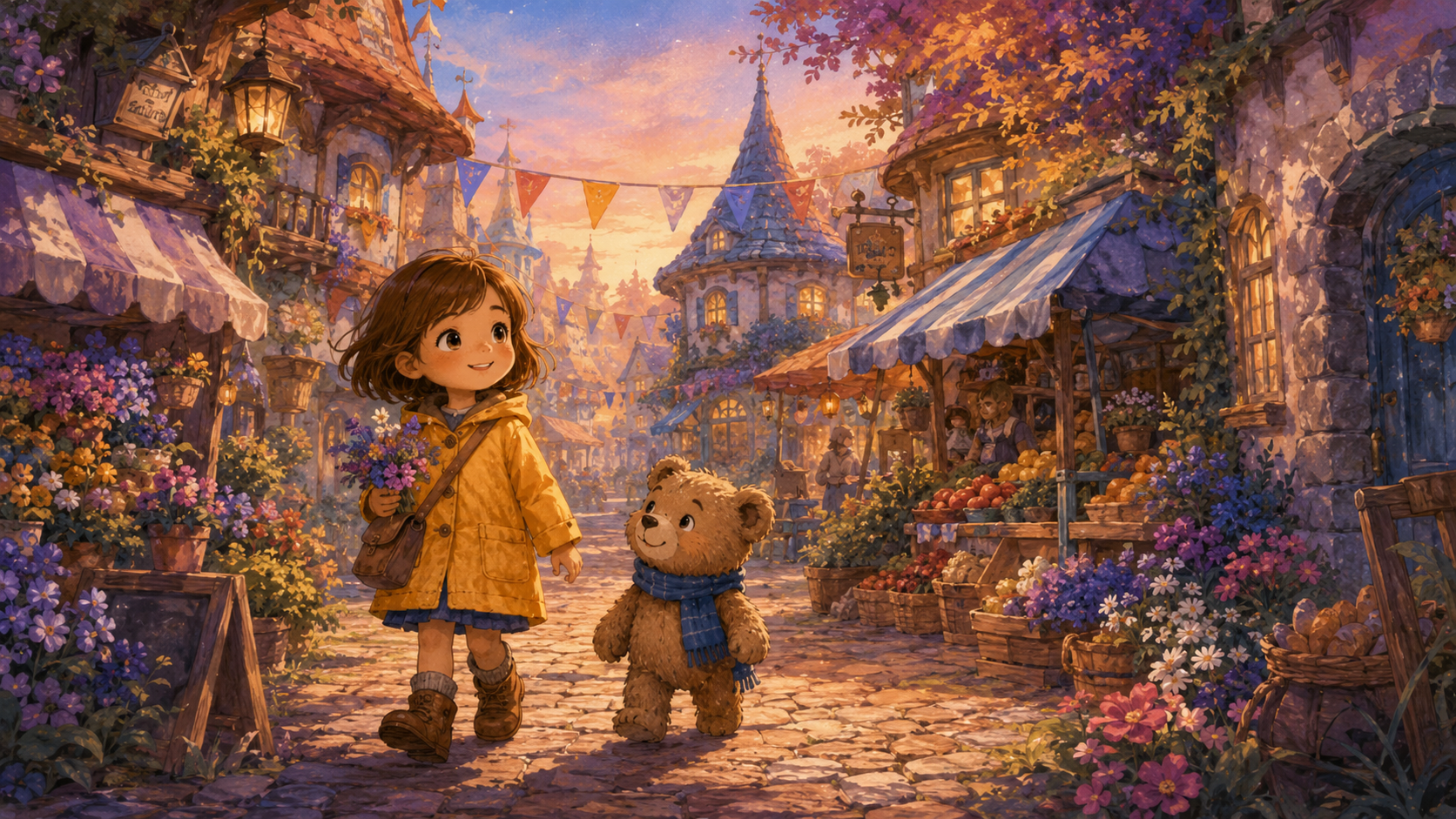 A young storyteller and her bear companion moving through a richly illustrated world from a sunlit village to a moonlit lake.