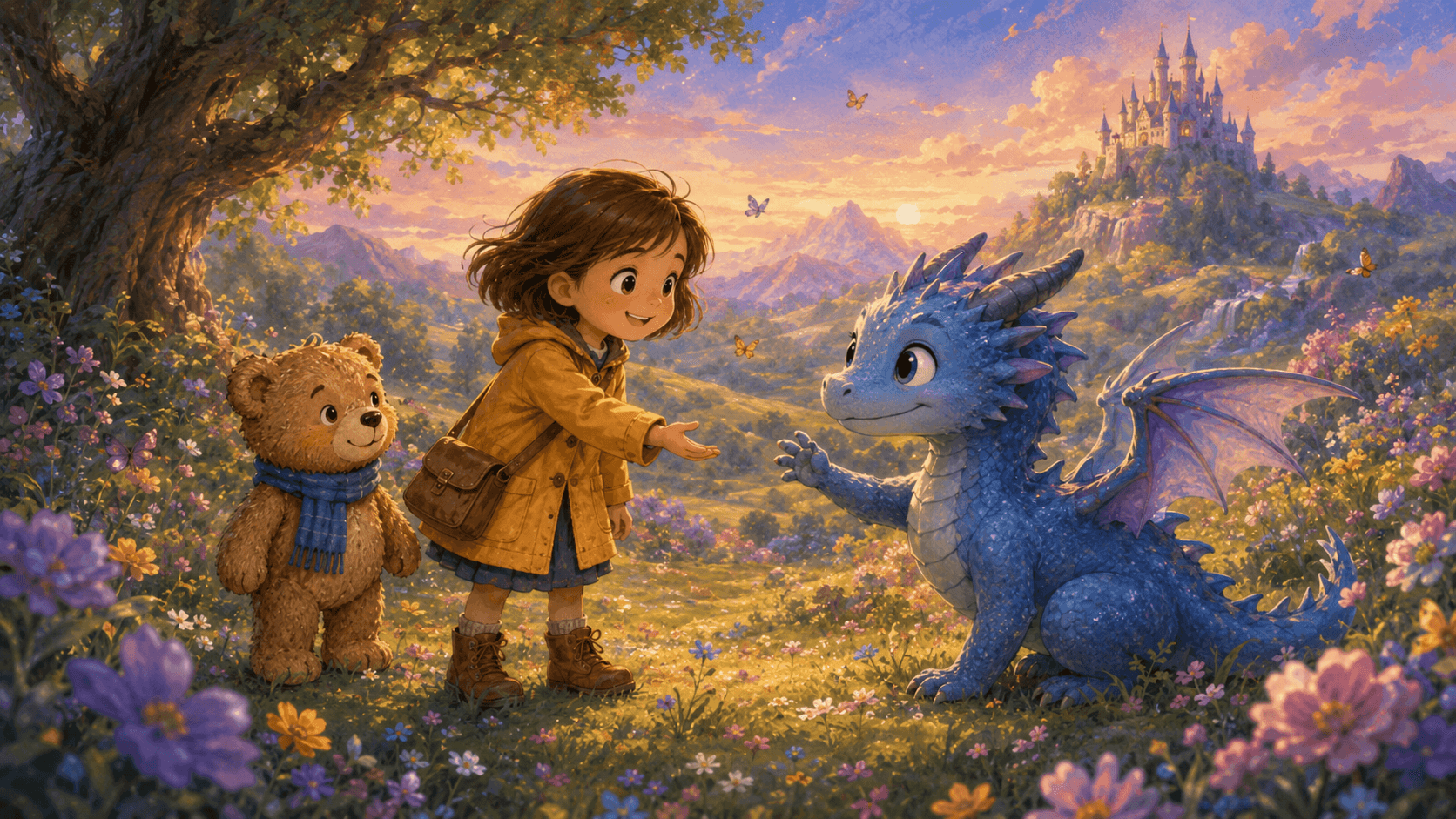 A young storyteller and her bear companion exploring an illustrated world that changes from a bright fantasy landscape to a warmly lit nighttime reading room.