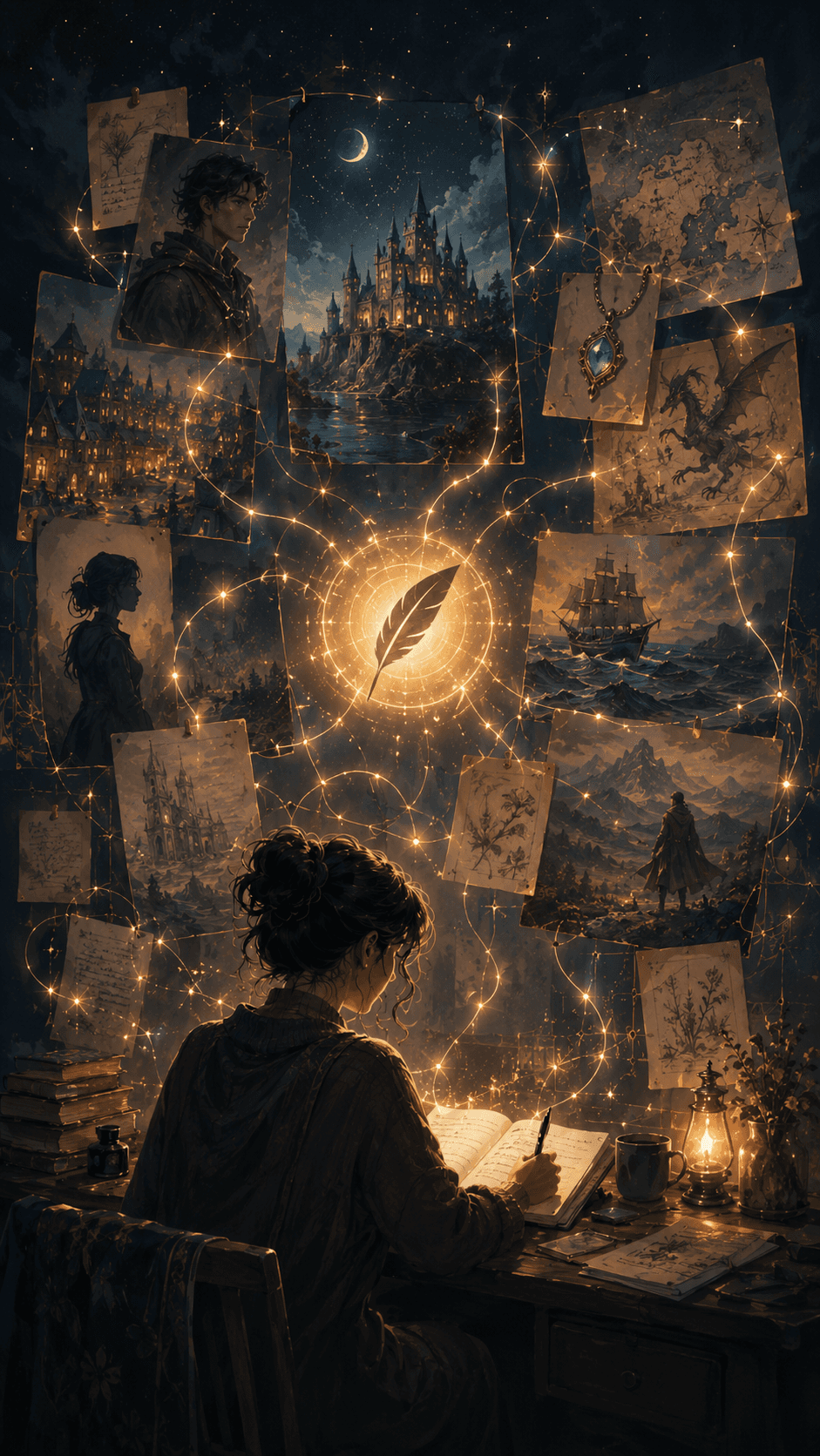 A writer surrounded by connected characters, locations, story threads, artifacts, themes, and continuity inside the creative world represented by Scriplume.